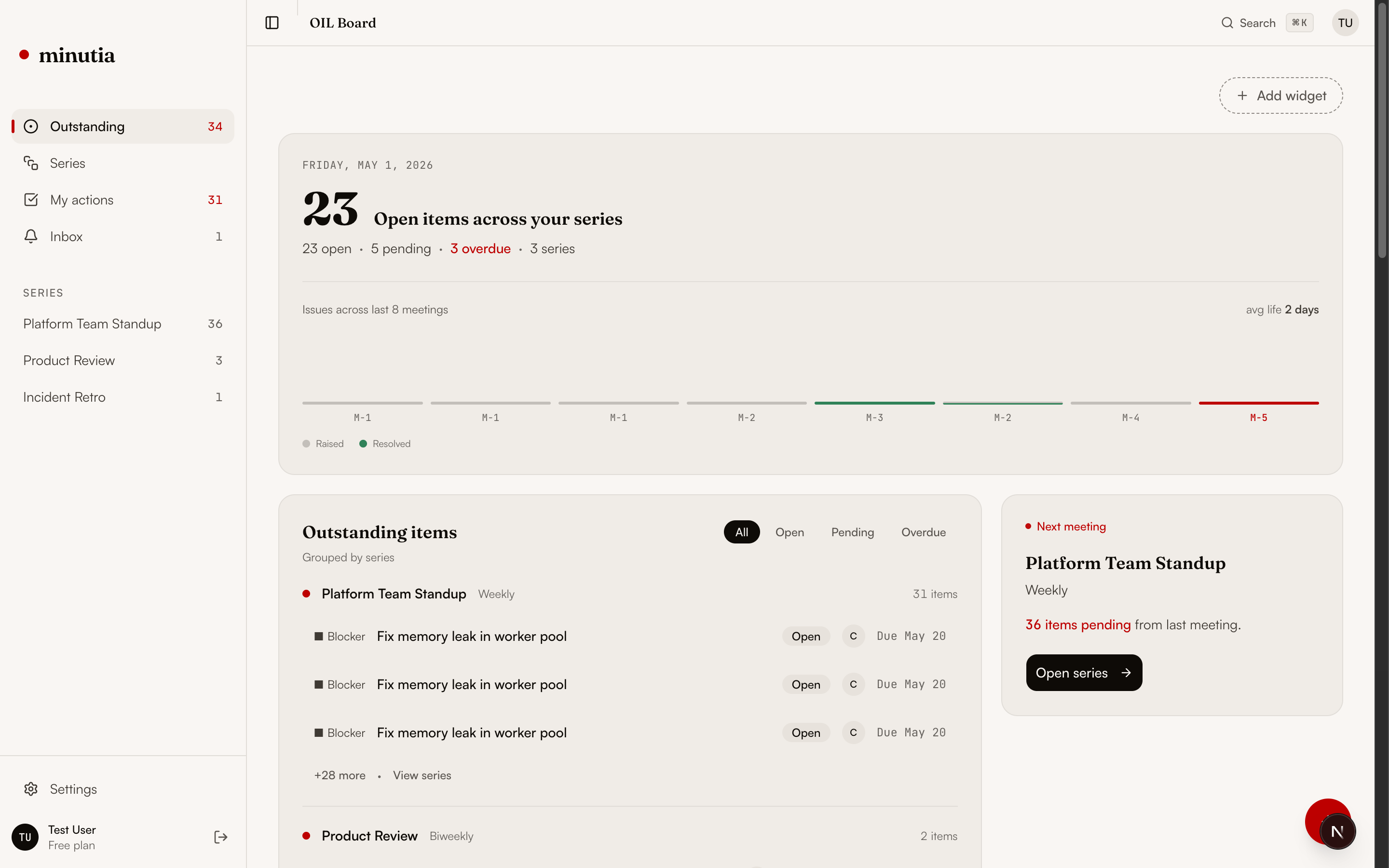 Minutia Outstanding Issues Log tracking open work across recurring meetings
